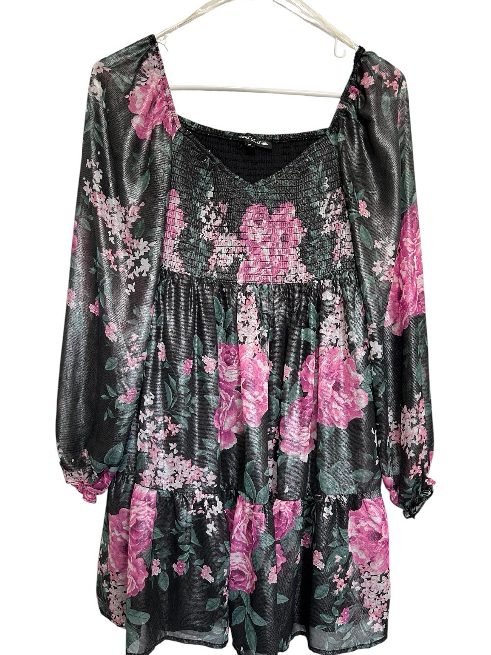 Crystal Doll Metallic Floral Smocked Mini Dress Sz Medium Romantic Coquette